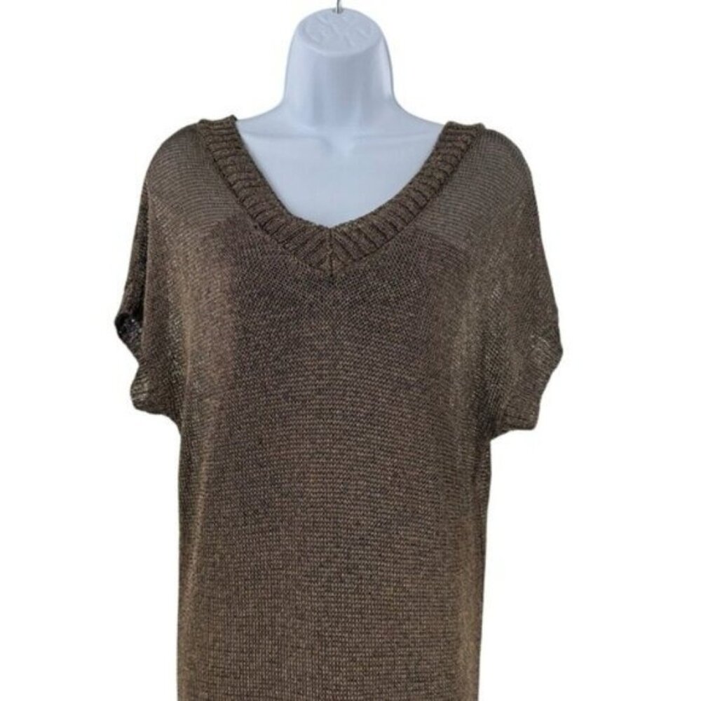 Tuckernuck Bronze Metallic Knit Mesh V Neck Short Sleeve Midi Dress Size L - Picture 4 of 9